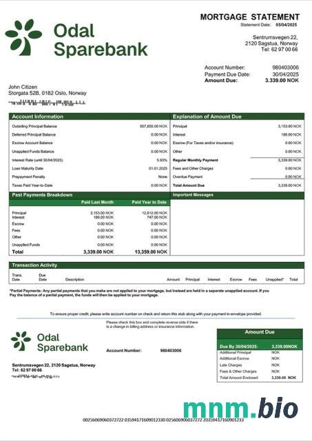 Norwegia Odal Sparebank wyciąg z kredytu hipotecznego szablon Word i PDF
